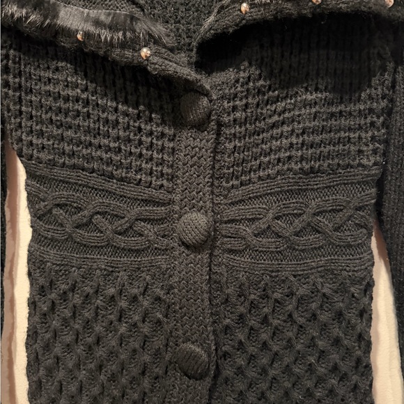 John Fashion Black Mixed Knit Longline Cardigan Faux Fur Collar & Studs - M - Picture 2 of 11